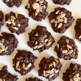 Chocolate covered sunflower seeds on a white plate.