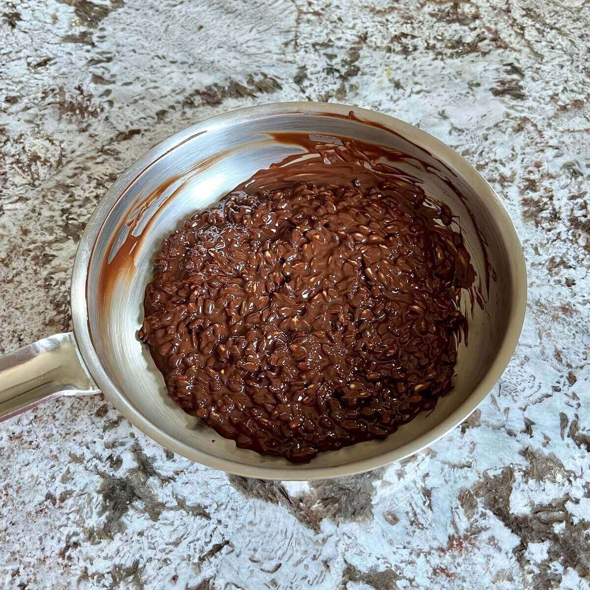 Melted chocolate and sunflower seeds in a stainless steel pan.