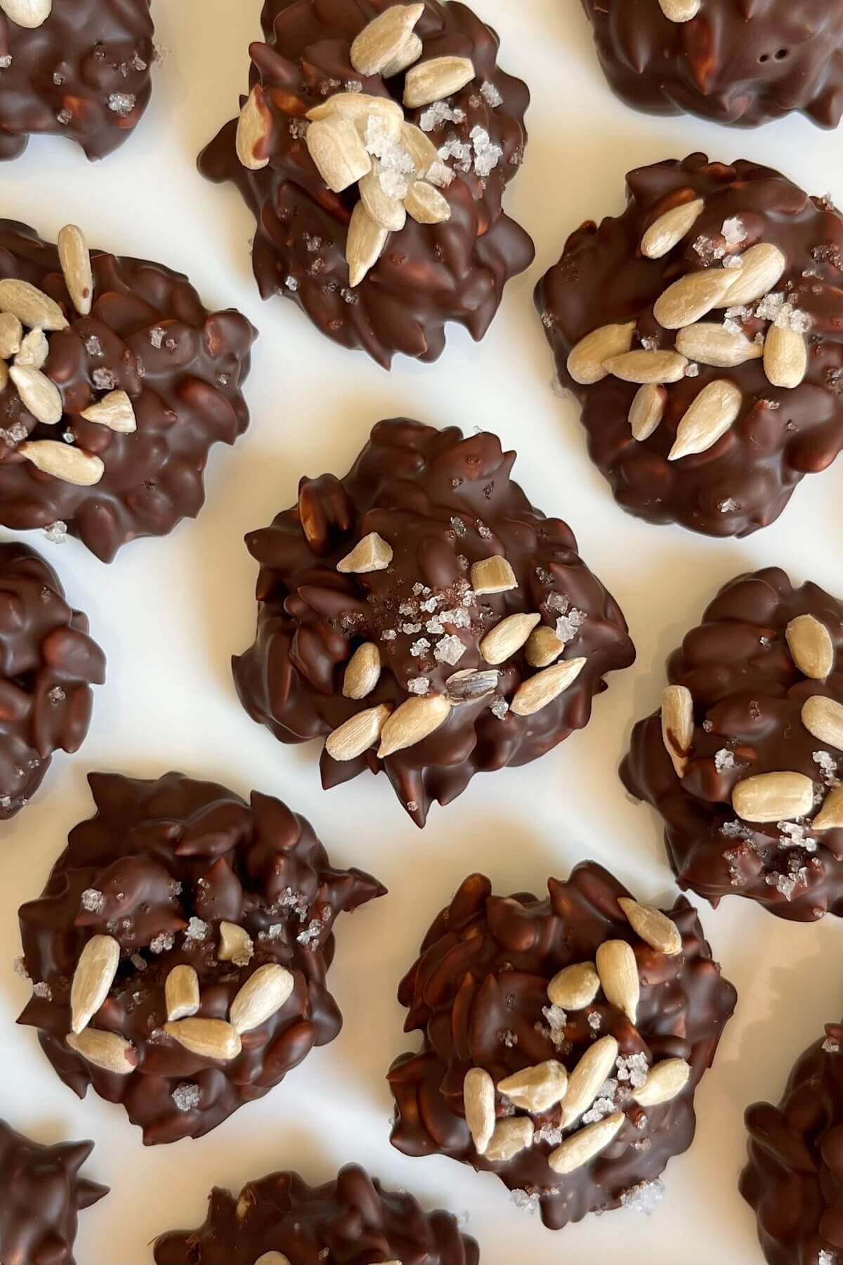 Treats made with chocolate and sunflower seeds on a white plate.