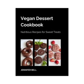 A vegan dessert cookbook cover featuring donuts, chocolates, and cookies against a black background.